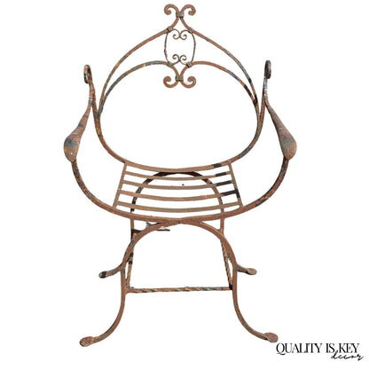 Antique Spanish Renaissance Wrought Iron Curule Savonarola Throne Arm Chair