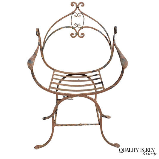 Antique Spanish Renaissance Wrought Iron Curule Savonarola Throne Arm Chair