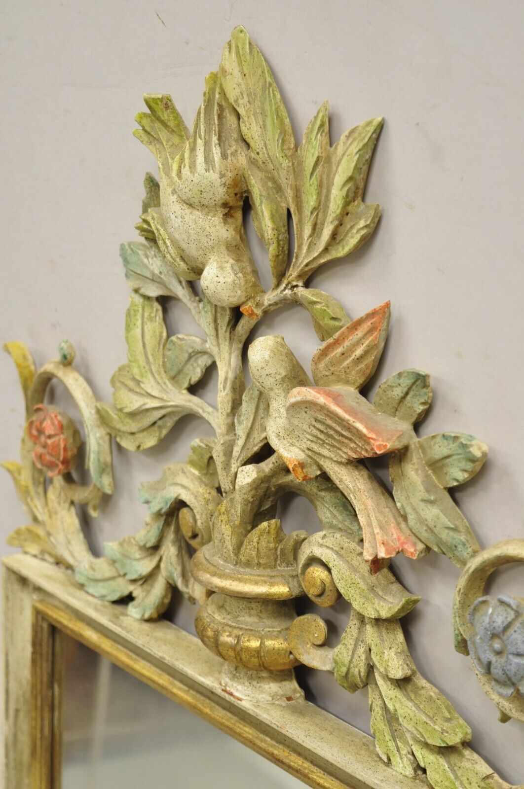 Vintage Italian Neoclassical Carved Wood Painted Birds & Flowers Wall Mirror