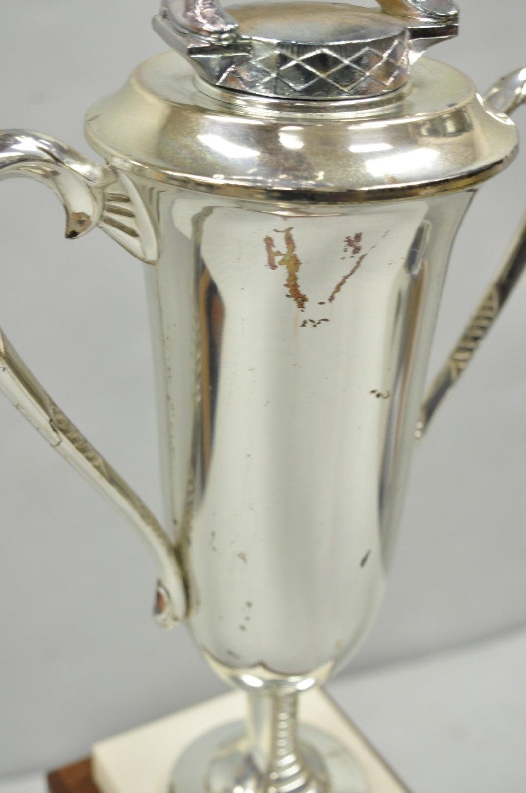 Vintage 1970s Art Deco Silver Metal Marble & Wood Figural Golf Trophy Award Cup