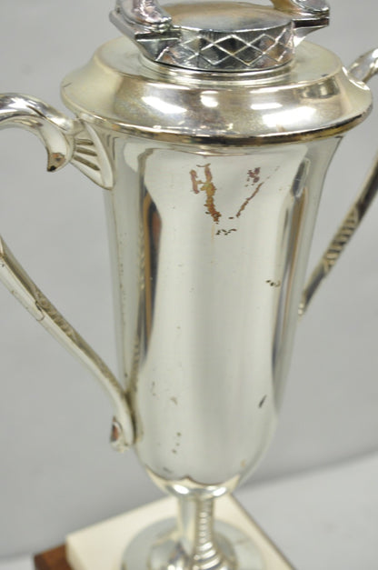 Vintage 1970s Art Deco Silver Metal Marble & Wood Figural Golf Trophy Award Cup