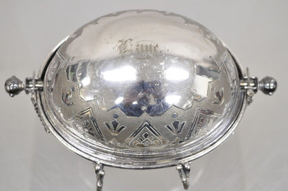Antique English Edwardian Small Silver Plated Revolving Lid Butter Dish Server