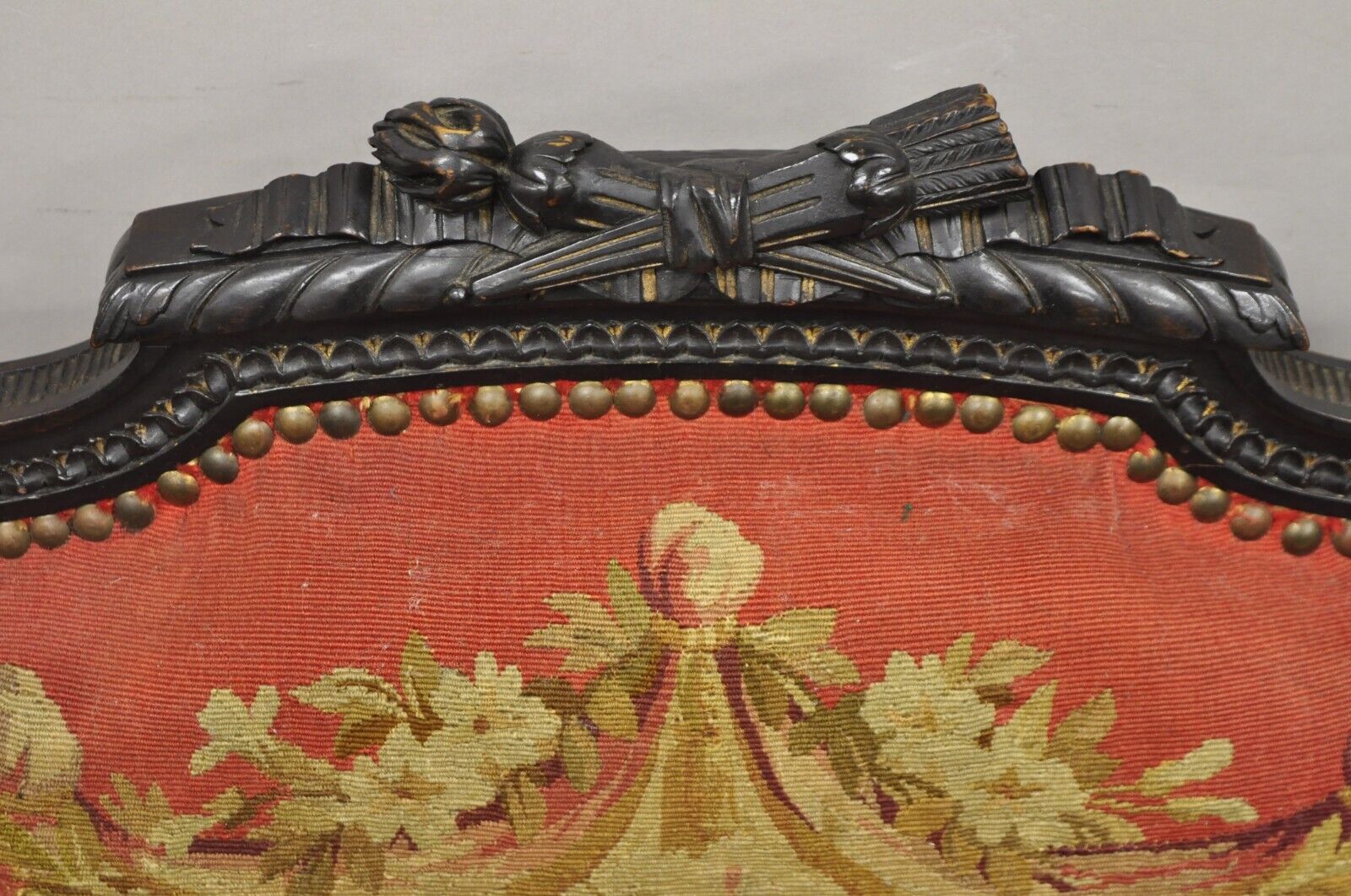 Antique French Empire Black Ebonized Walnut Needlepoint Parlor Arm Chair