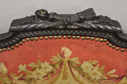 Antique French Empire Black Ebonized Walnut Needlepoint Parlor Arm Chair