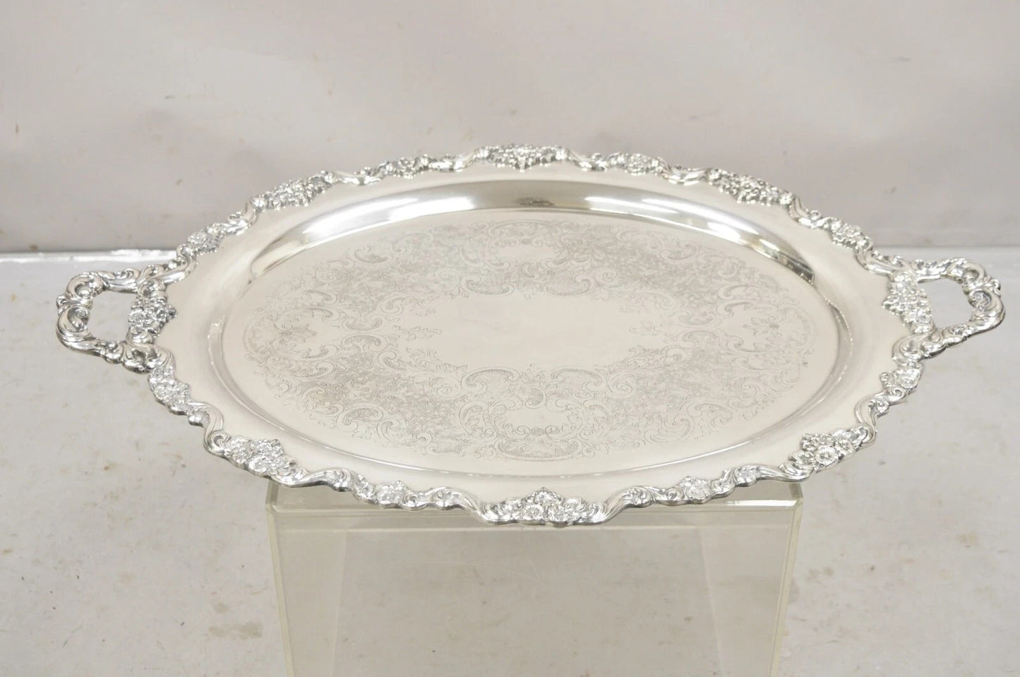 Vintage Poole 400 Lancaster Rose Large Silver Plated Serving Platter Bar Tray