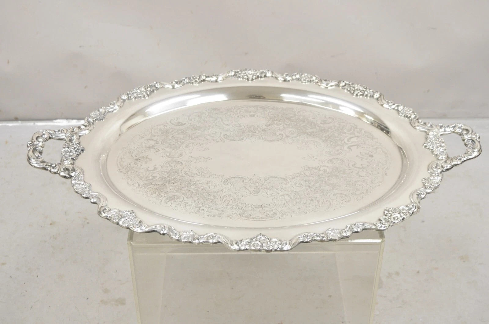 Vintage Poole 400 Lancaster Rose Large Silver Plated Serving Platter Bar Tray