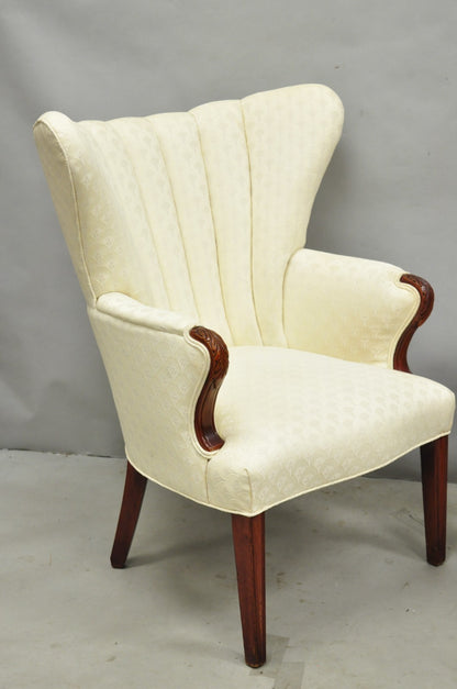 Vintage French Art Deco Style Channel Wingback Mahogany Lounge Arm Chairs - Pair