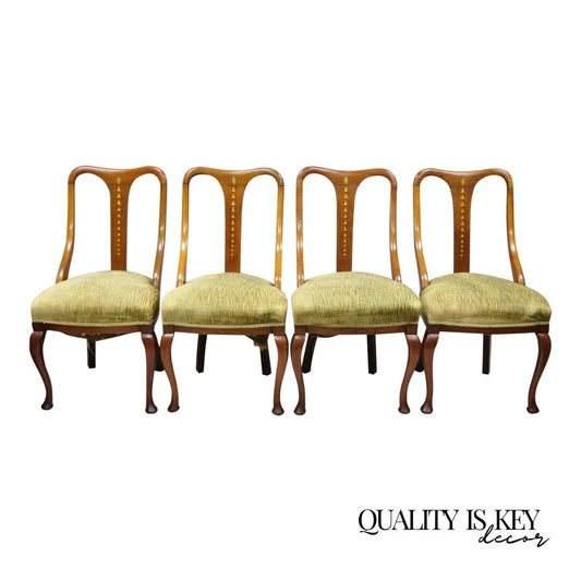 Edwardian Mahogany Sweetheart Back Bellflower Painted Dining Chairs - Set of 4