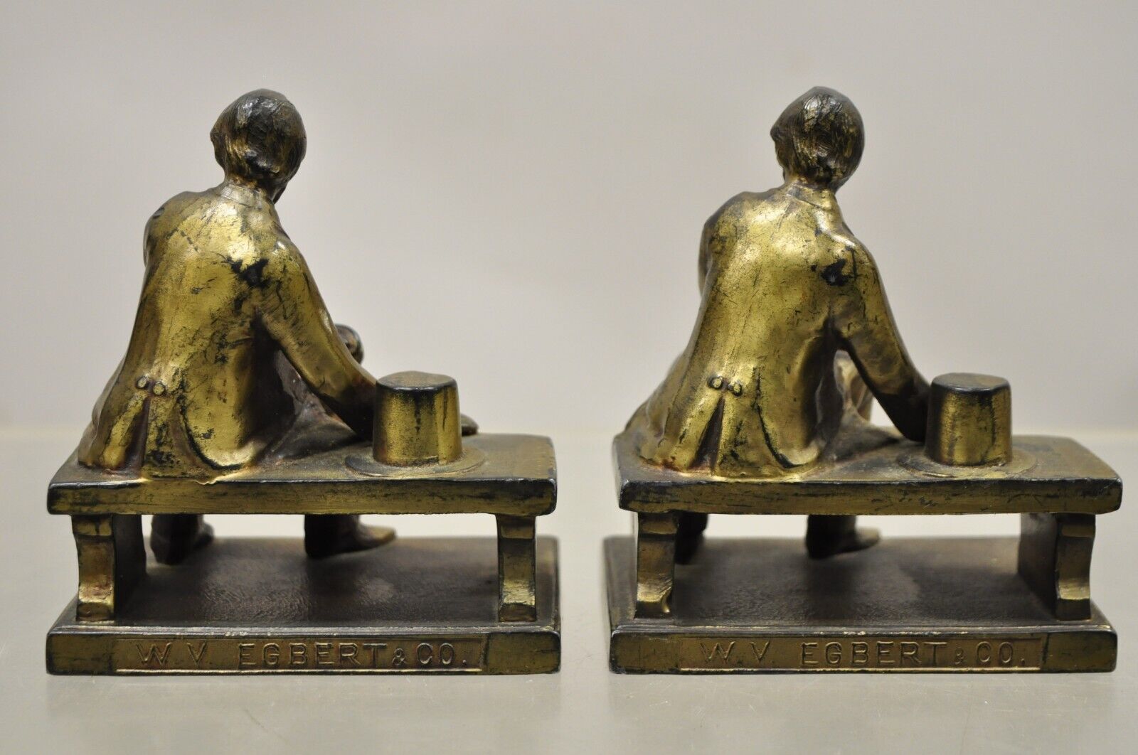 Antique W.V. Egbert Co Seated Abraham Abe Lincoln Metal Bronze Bookends