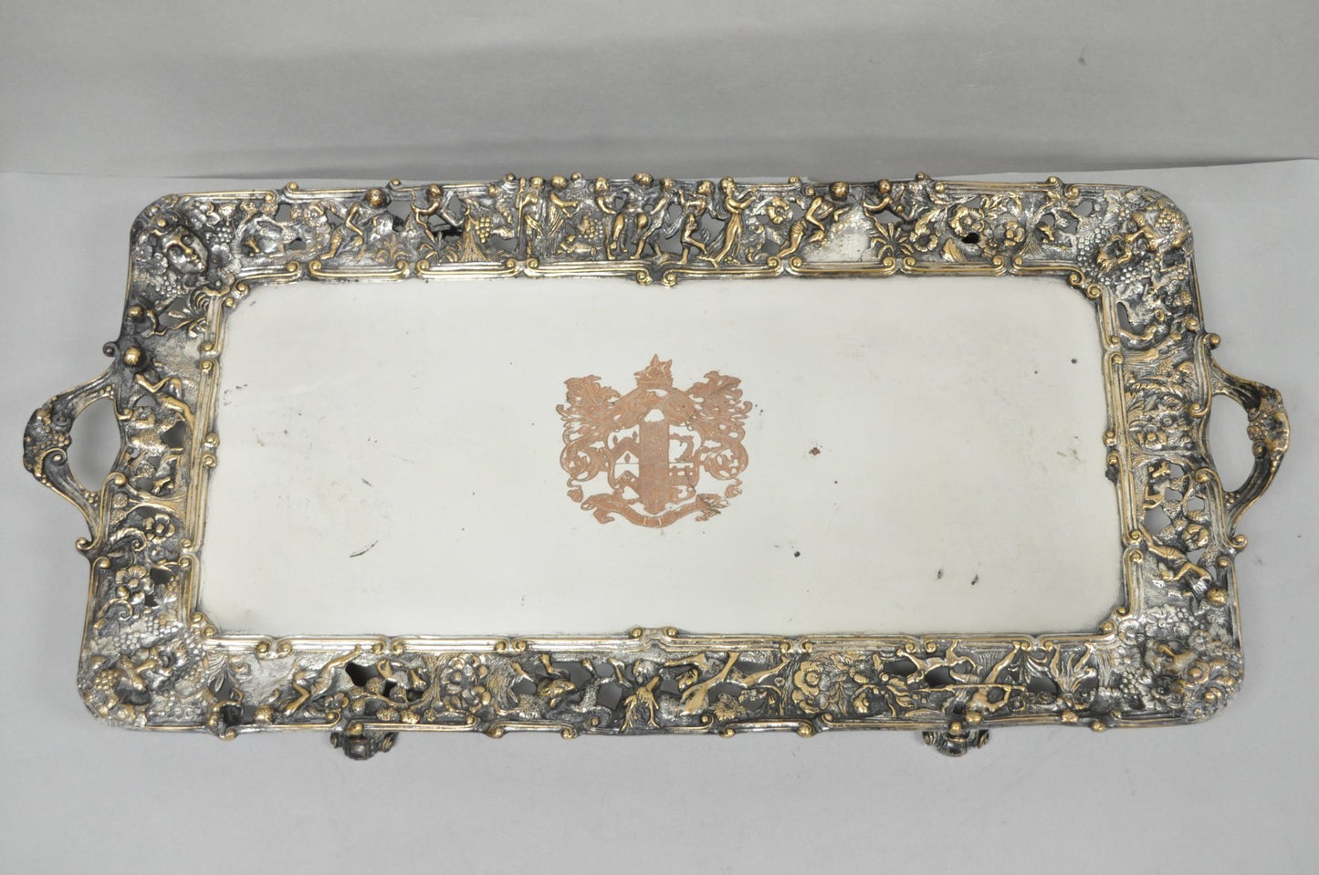French Renaissance Bacchanal Scene Silver Plated Bacchus Figural Platter Tray