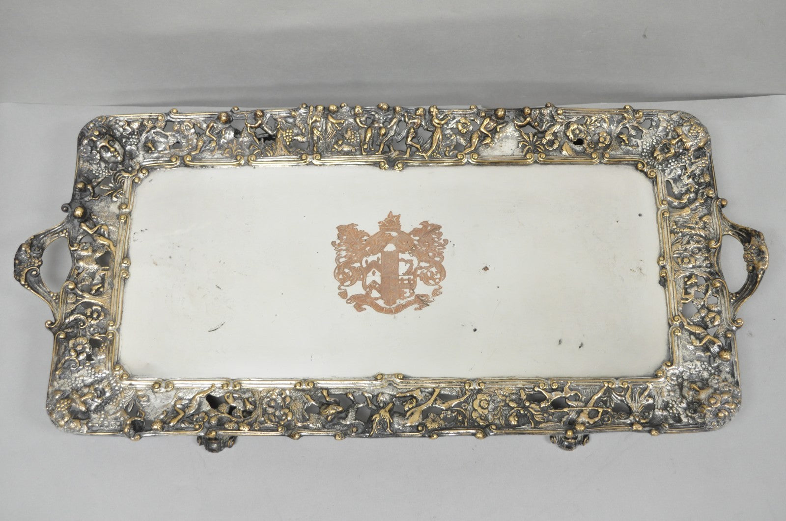 French Renaissance Bacchanal Scene Silver Plated Bacchus Figural Platter Tray