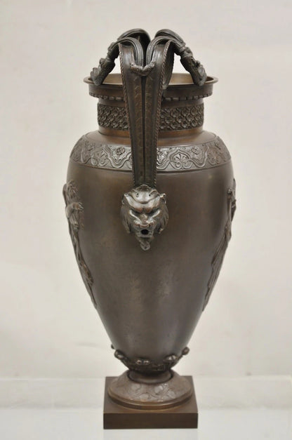 19th C Alfred Daubree French Neoclassical Bronze Figural Urn Vase with Lions