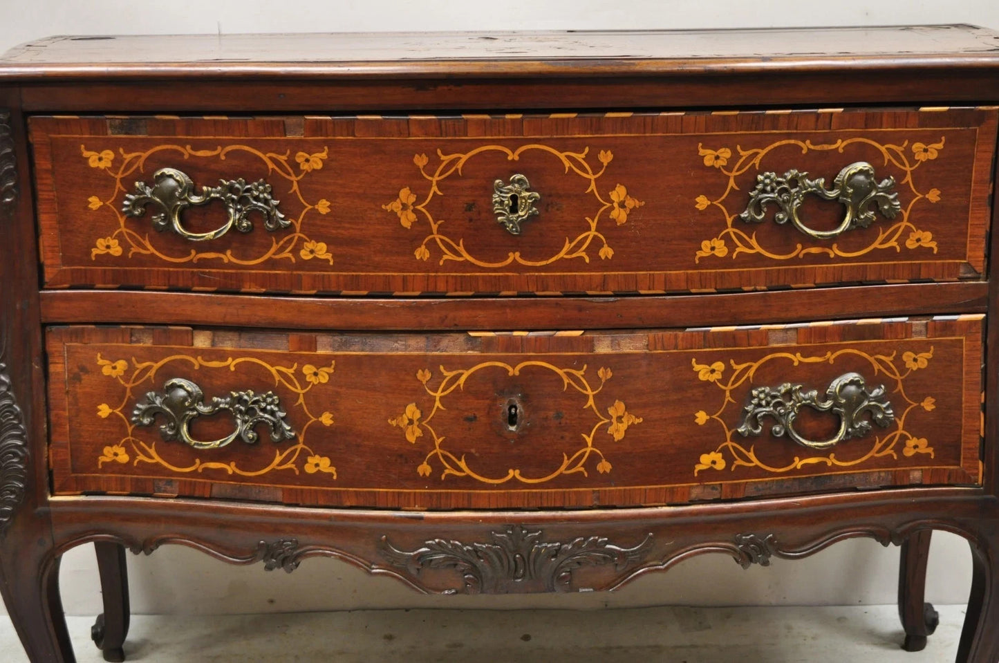 Antique French Louis XV Style Marquetry Inlay Walnut Bombe Commode Chest Dresser