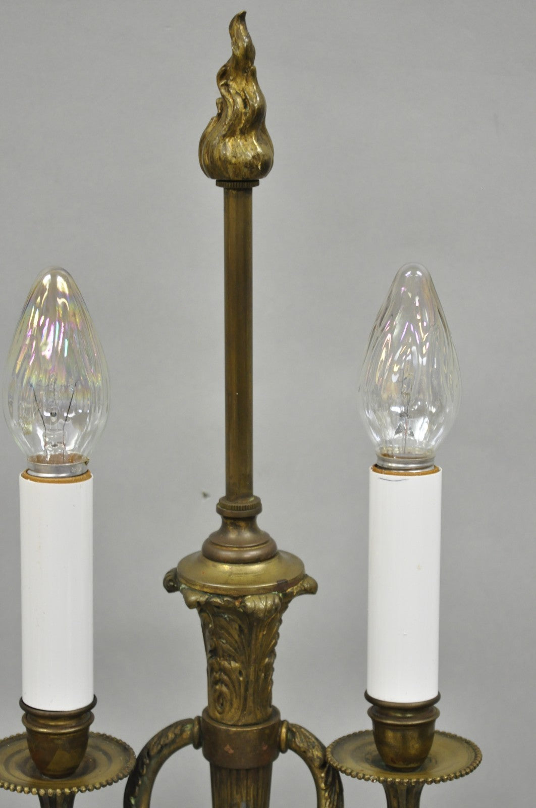 Antique French Neoclassical Bronze Torch & Trumpet Arm Marble Base Table Lamp