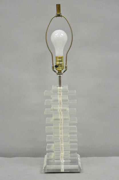 Vintage Mid Century Modern Lucite Acrylic Stacked Skyscraper Table Lamp
