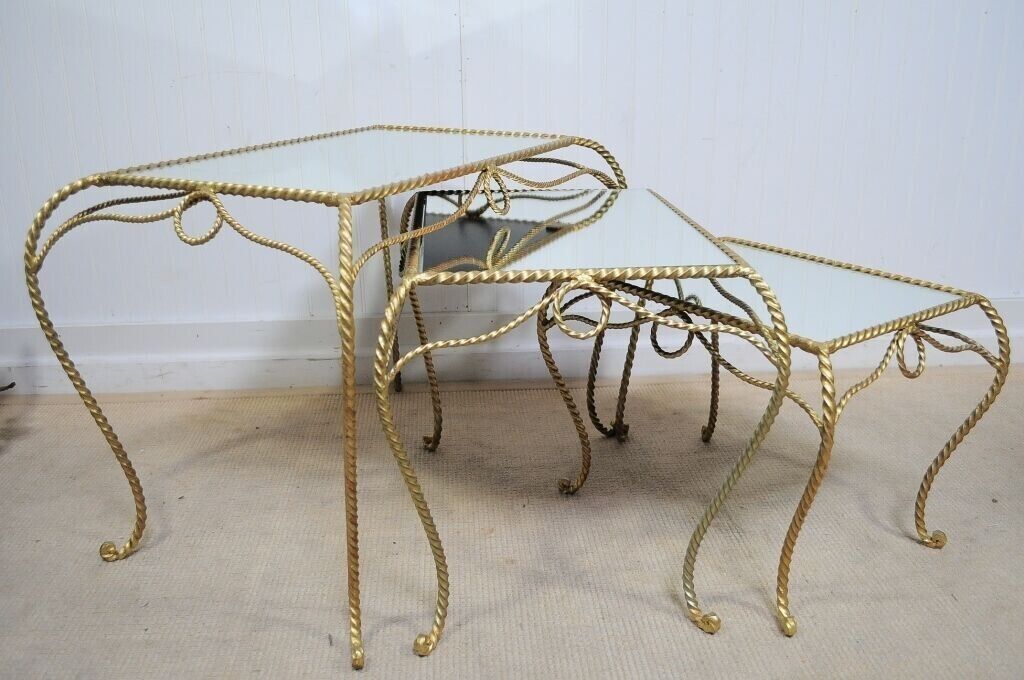 Vtg Italian Hollywood Regency Gold Nesting Rope Mirror Tole End Tables Set of 3