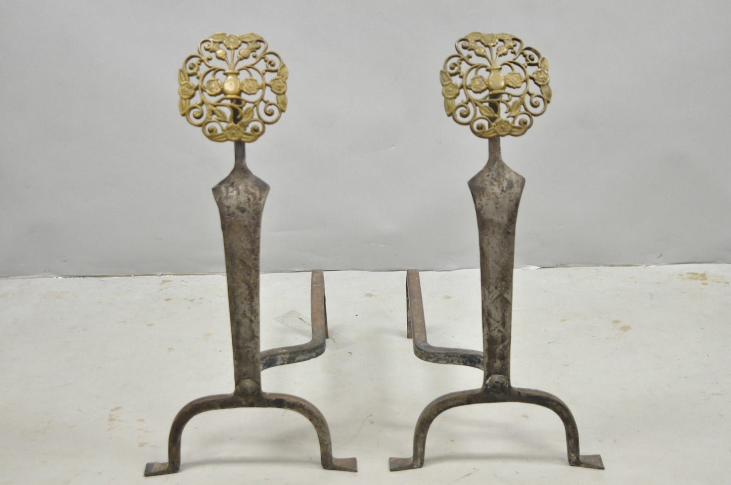 Antique French Art Nouveau Hand Hammered Wrought Iron & Bronze Andirons - a Pair