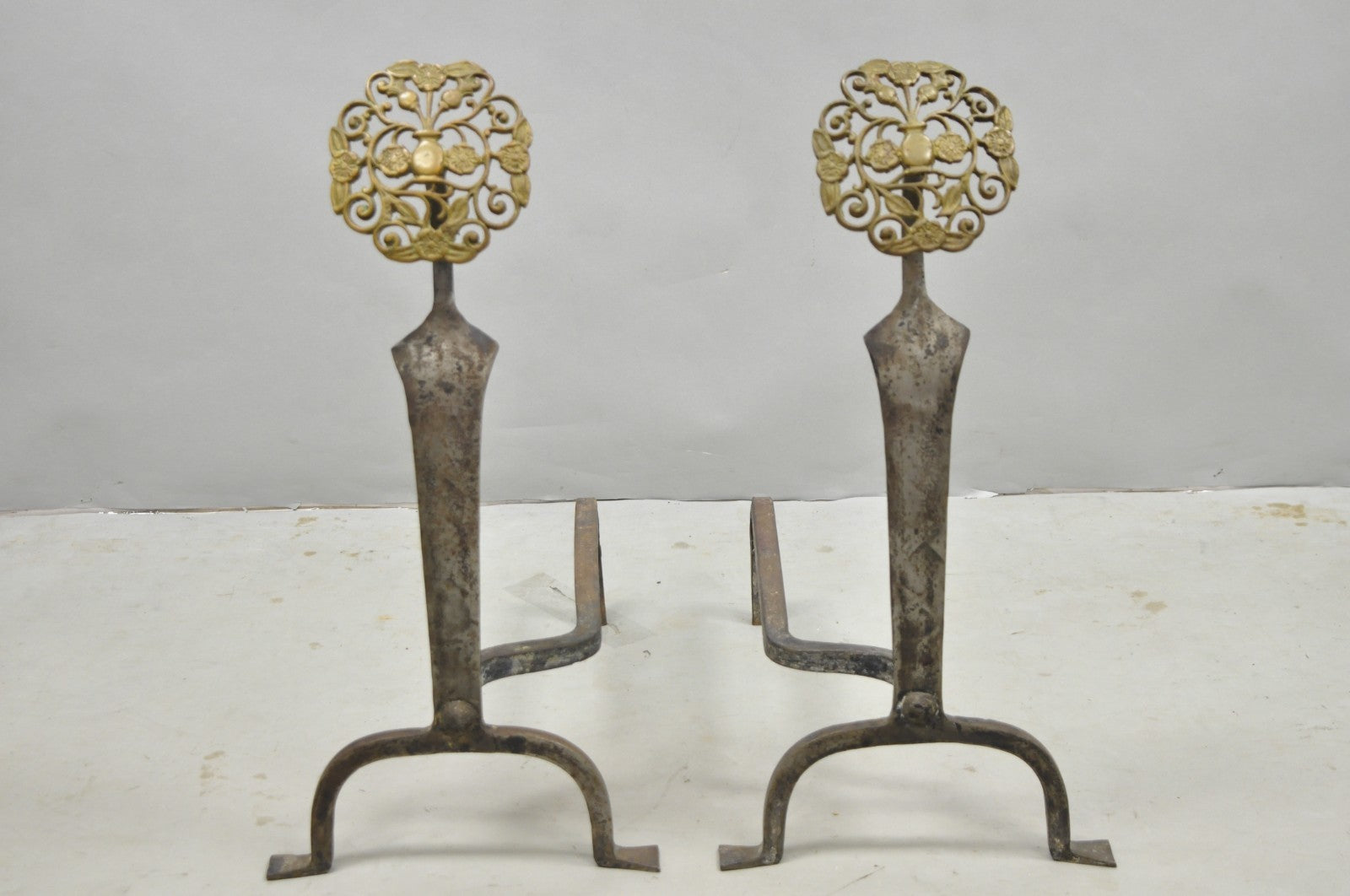 Antique French Art Nouveau Hand Hammered Wrought Iron & Bronze Andirons - a Pair
