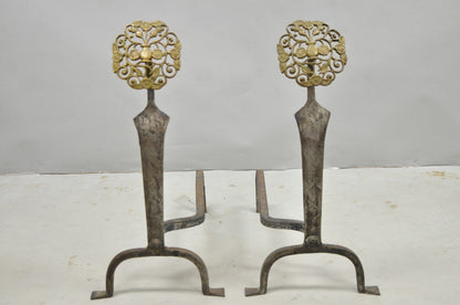 Antique French Art Nouveau Hand Hammered Wrought Iron & Bronze Andirons - a Pair