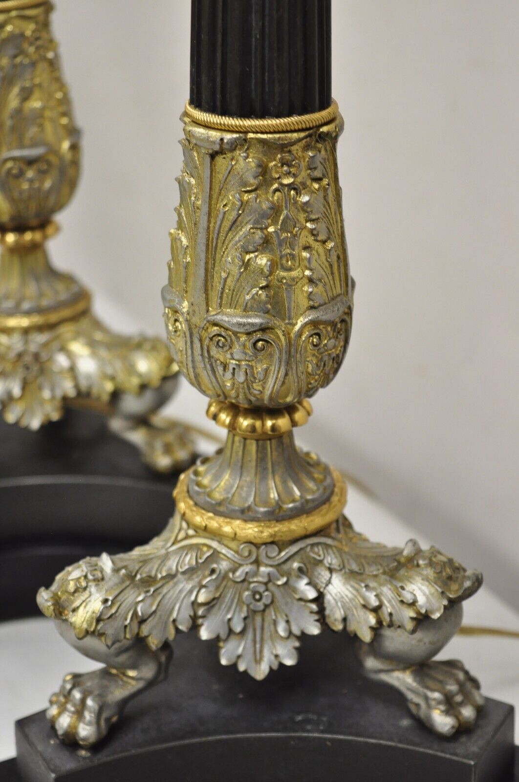 Vintage French Empire Silver & Gold Gilt Column Table Lamps w/ Paw Feet - a Pair