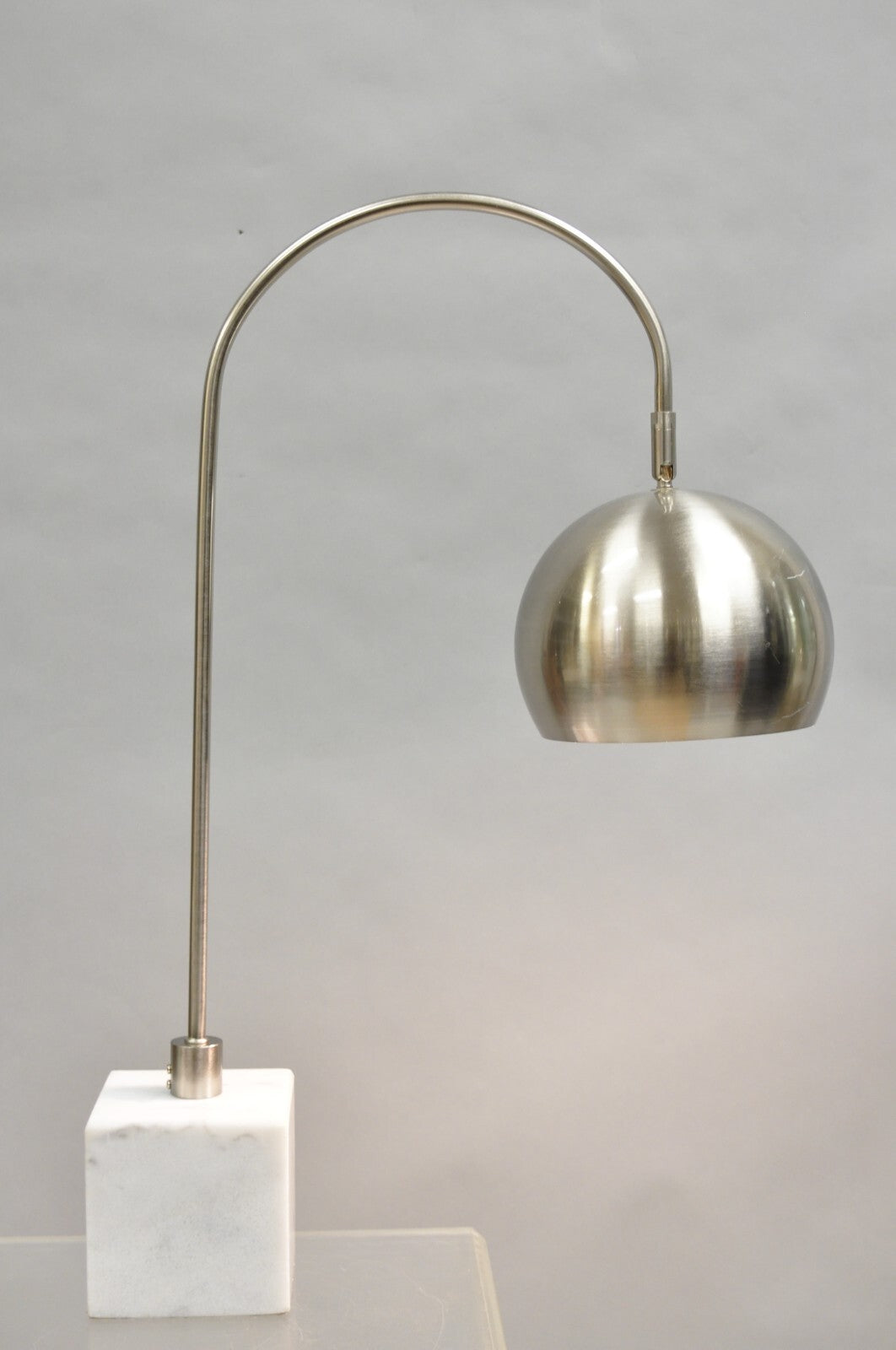 Contemporary Modern Satin Nickel Chrome Arc White Marble Base Desk Table Lamp