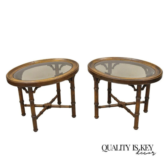 Vintage Chinese Chippendale Faux Bamboo Oval Small Glass Top Side End Table Pair