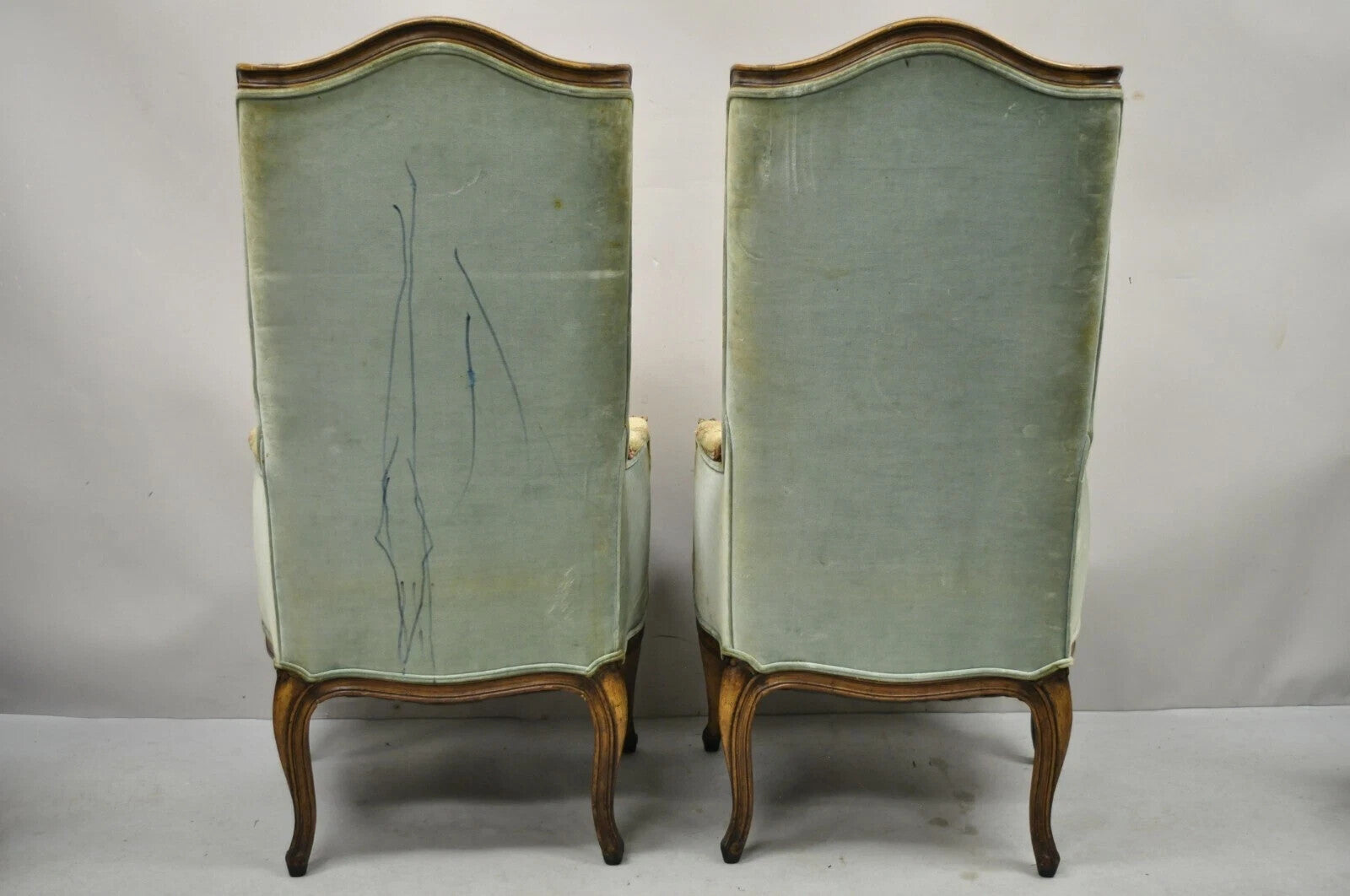 Vintage French Country Provincial High Back Walnut Arm Chairs (B) - a Pair