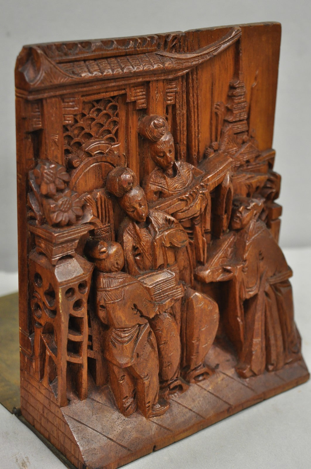 Vintage Chinese Hand Carved Hard Wood Scholar Bookends by George Zee - a Pair