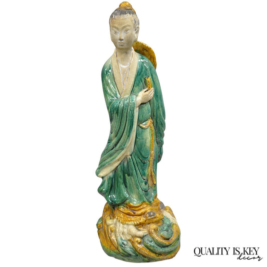 Antique Chinese Green Sancai Glazed Pottery 21" Guanyin Sculpture Figure