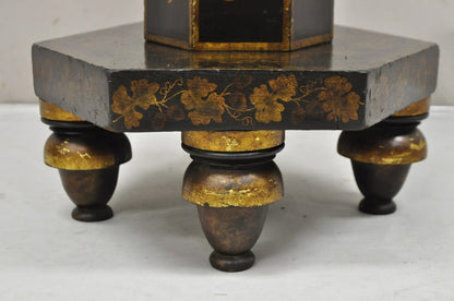 Antique Chinoiserie Hand Painted Pedestal Base Oriental Sewing Stand Side Table