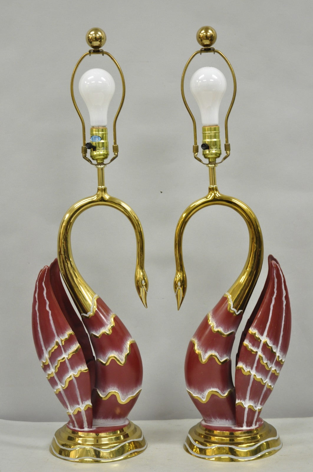 Vintage Art Nouveau Modern Brass Figural Swan Gold Red Table Lamps w Shades Pair