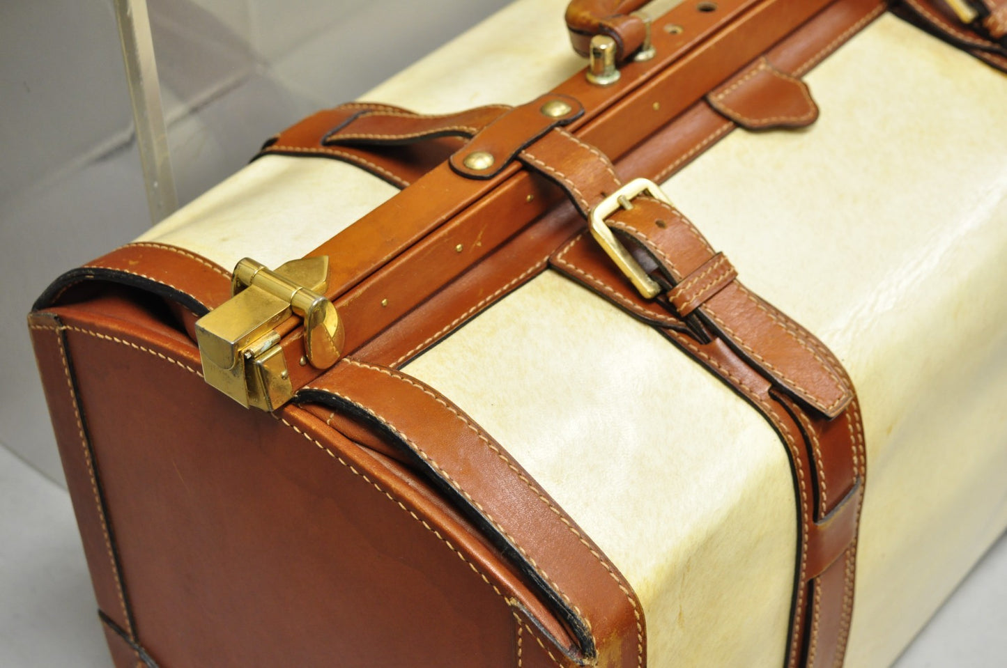 Vintage Dinoffer NY Italian Brown Leather & Vellum Parchment Gladstone Bag, Pair