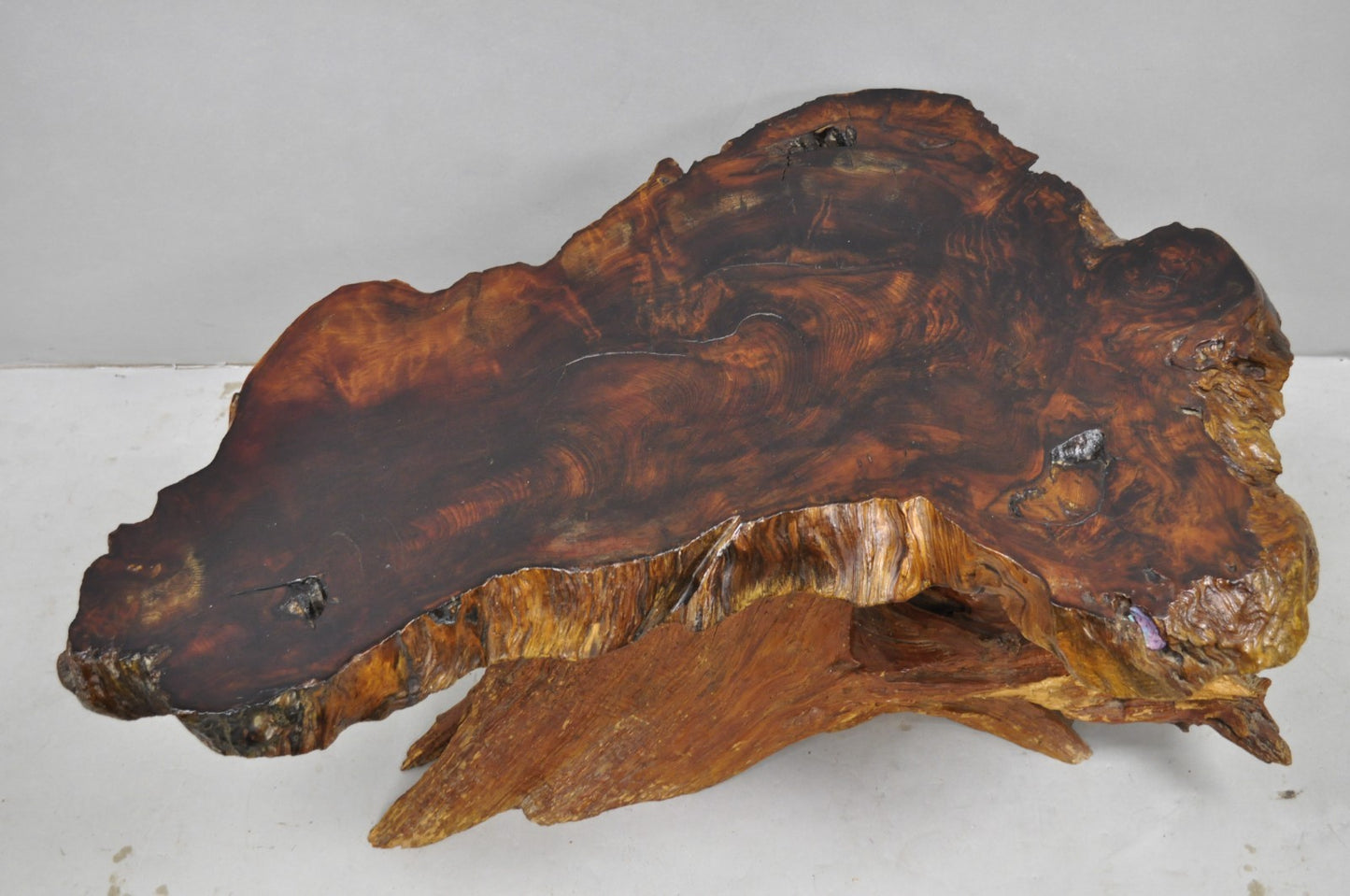 Vintage Mid Century Modern Burl Wood Slab Driftwood Sculptural Coffee Table