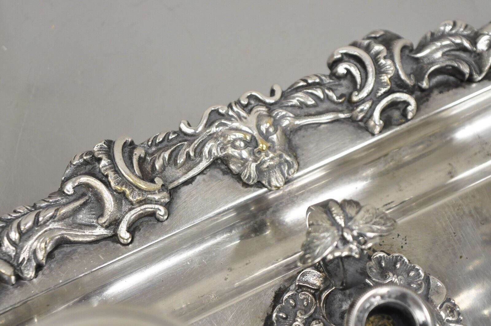 Vintage French Renaissance Silver Plated Figural Italian Inkstand Desk Inkwell