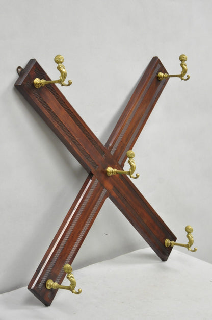 Antique Victorian Mahogany X-Form Wall Coat Rack w/ Brass Knight's Helmet Hooks