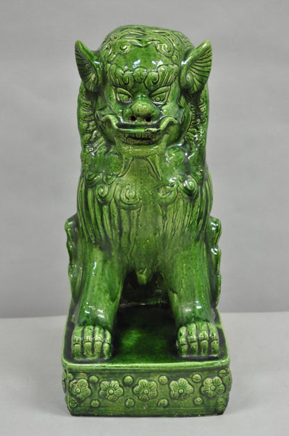 Vintage Chinoiserie Green Majolica Glazed Ceramic 24" Chinese Foo Dog Statue