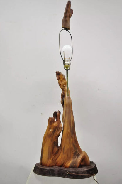 Vintage Mid Century Modern Burl Wood Tiki Jungle Room Large Table Lamp