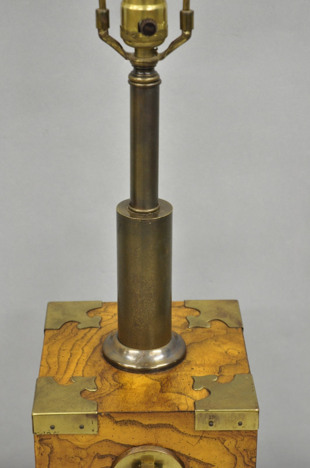 Vintage Campaign Style Burl Wood & Brass Faux Tea Box Table Lamp by Knob Creek