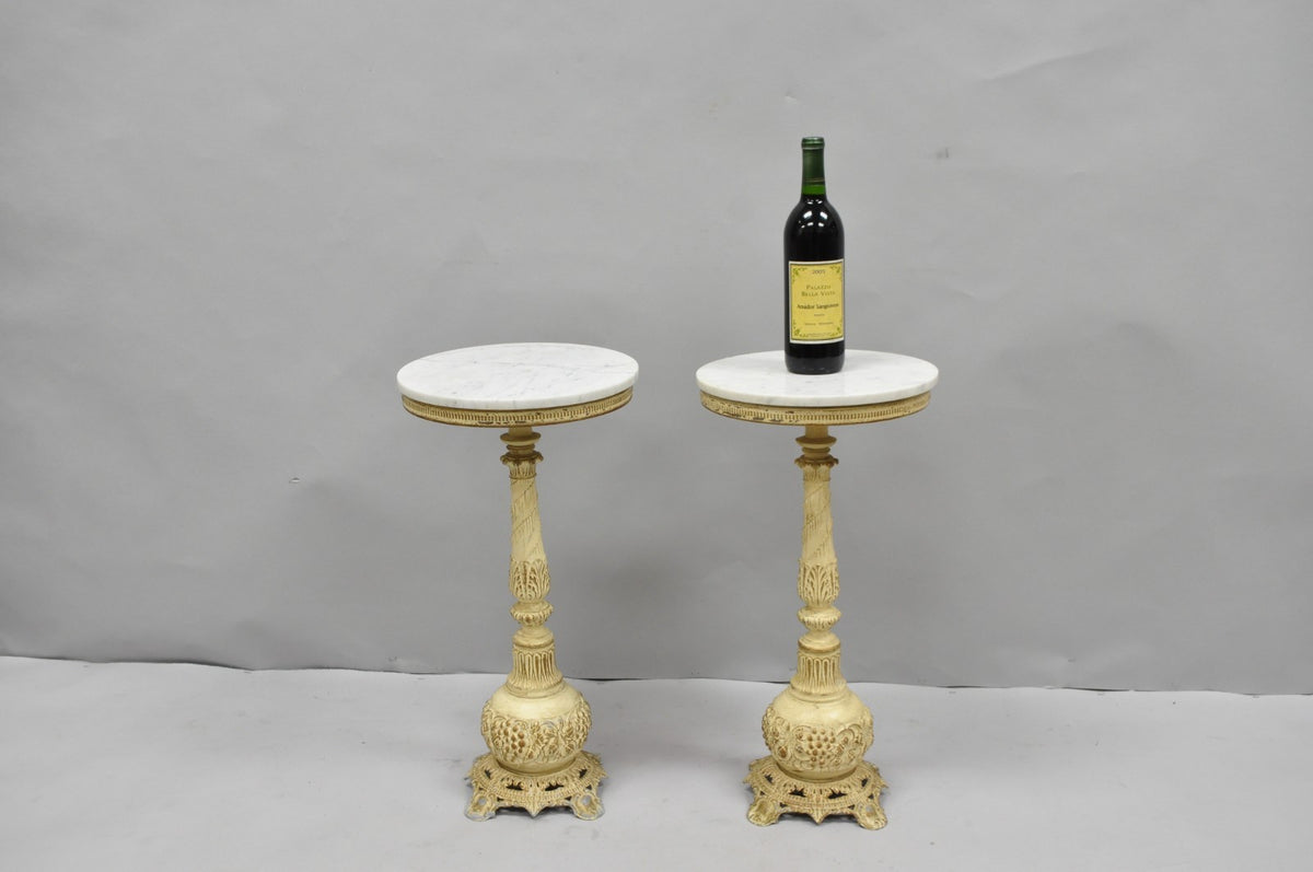 Vintage Hollywood Regency Small Metal Pedestal Marble Top Drinks Side Table Pair