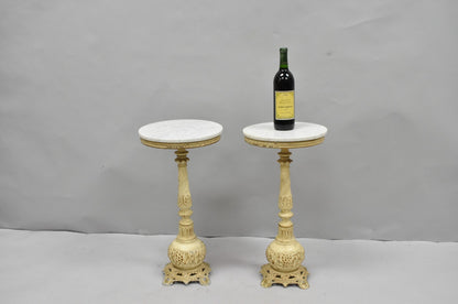 Vintage Hollywood Regency Small Metal Pedestal Marble Top Drinks Side Table Pair