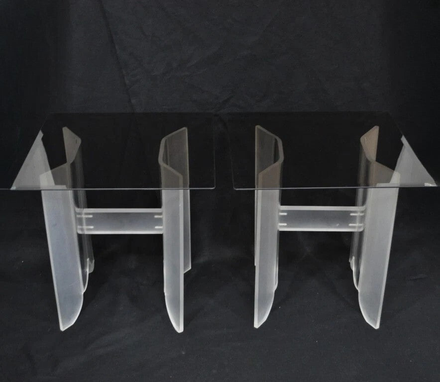 Vintage Mid Century Modern Frosted Lucite & Glass Butterfly End Tables - a Pair