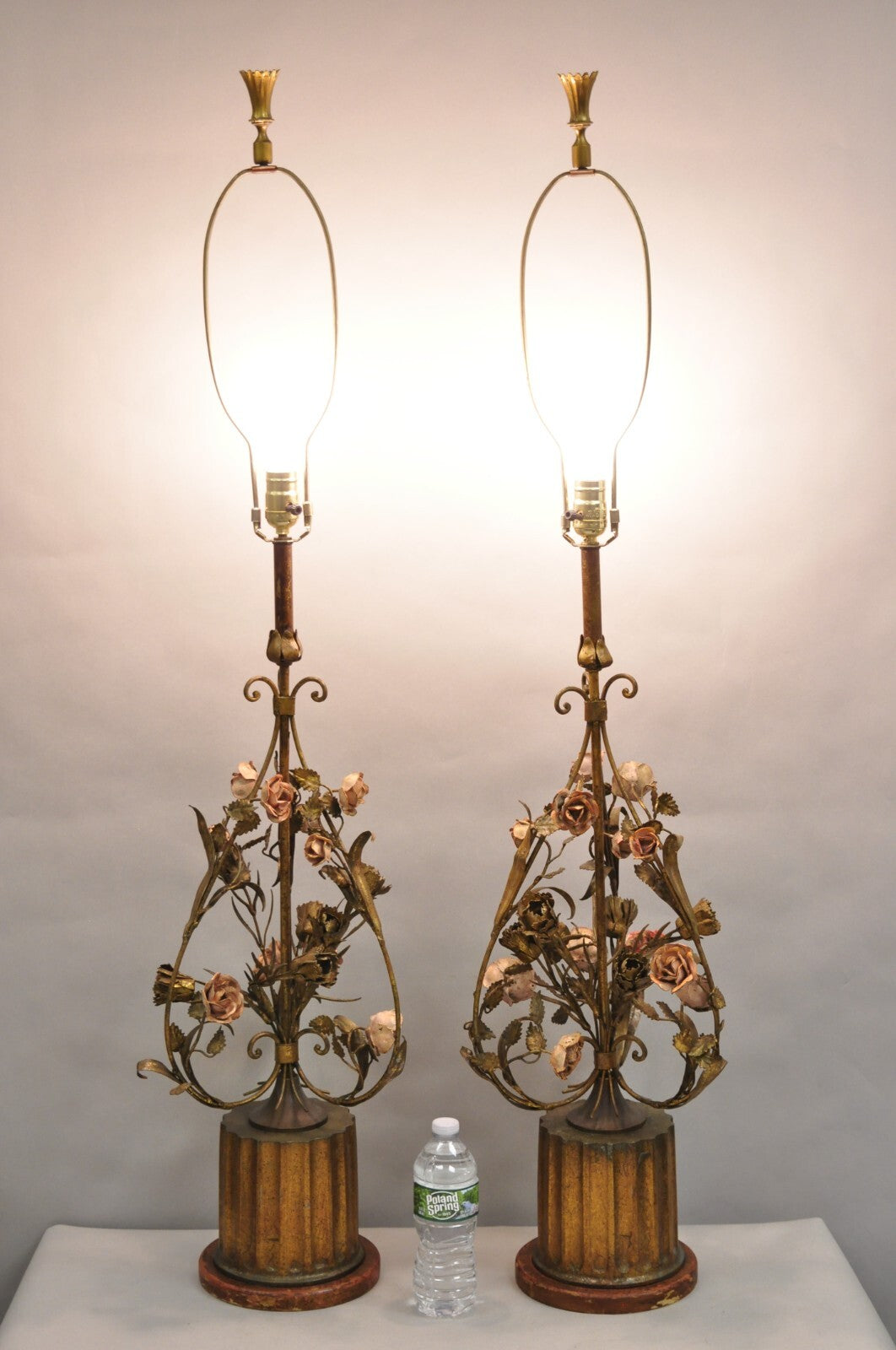 Italian Hollywood Regency Gold Gilt Iron Metal Pink Rose Tall Table Lamps Pair