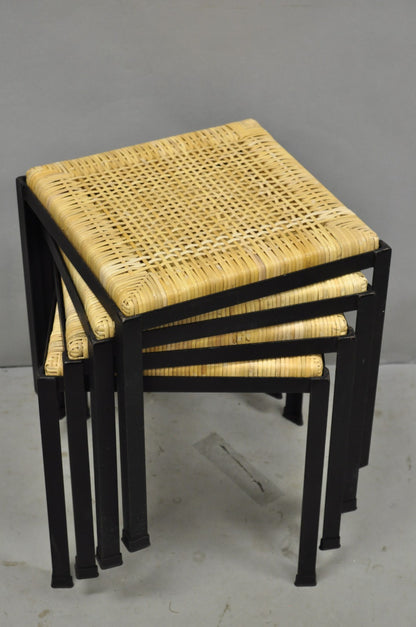 Mid Century Modern Danny Ho Fong Tropi-Cal Iron Cane Side Table Stool - Set of 4