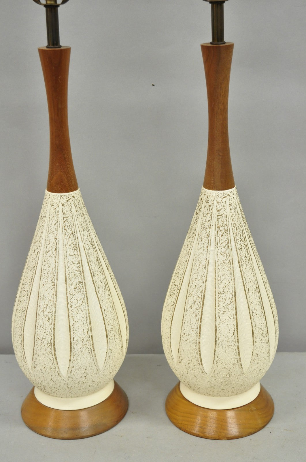 Vintage Mid Century Modern Sculpted White Ceramic & Teak Wood Table Lamps - Pair