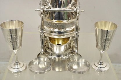 Victorian Racine Silver Plated Tilting Lemonade Water Pitcher on Stand w Goblets