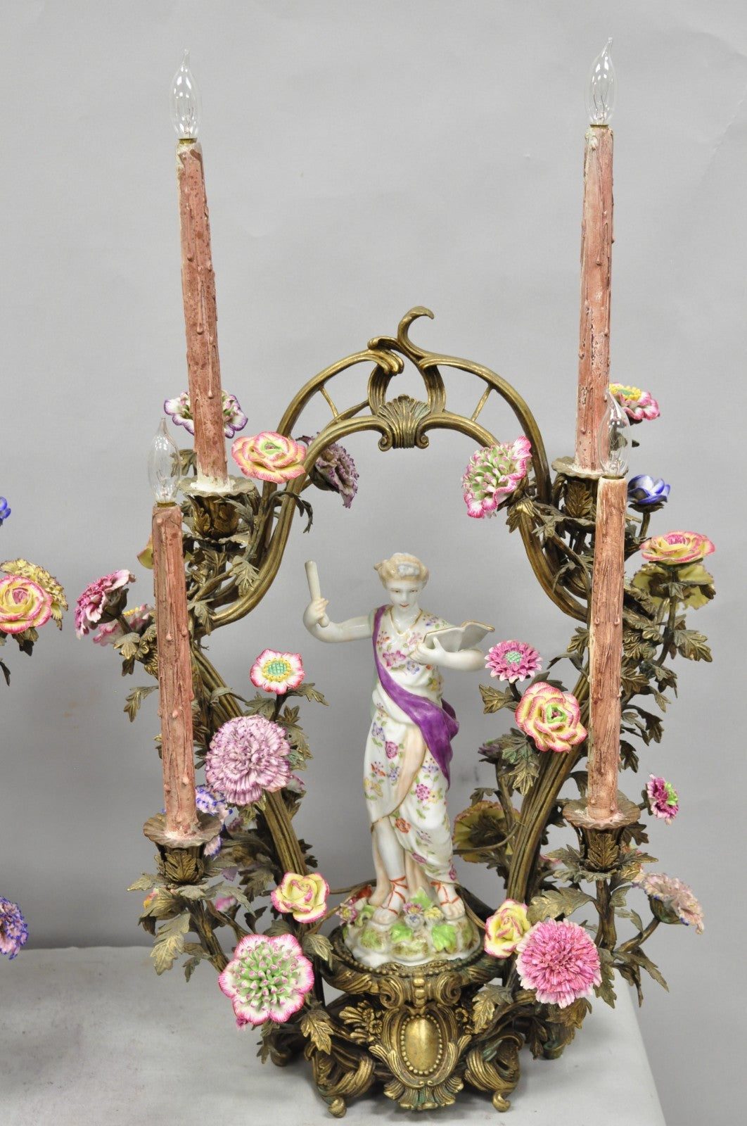 French Louis XV Repro Bronze & Porcelain Candelabra Lamps by United Wilson, Pair