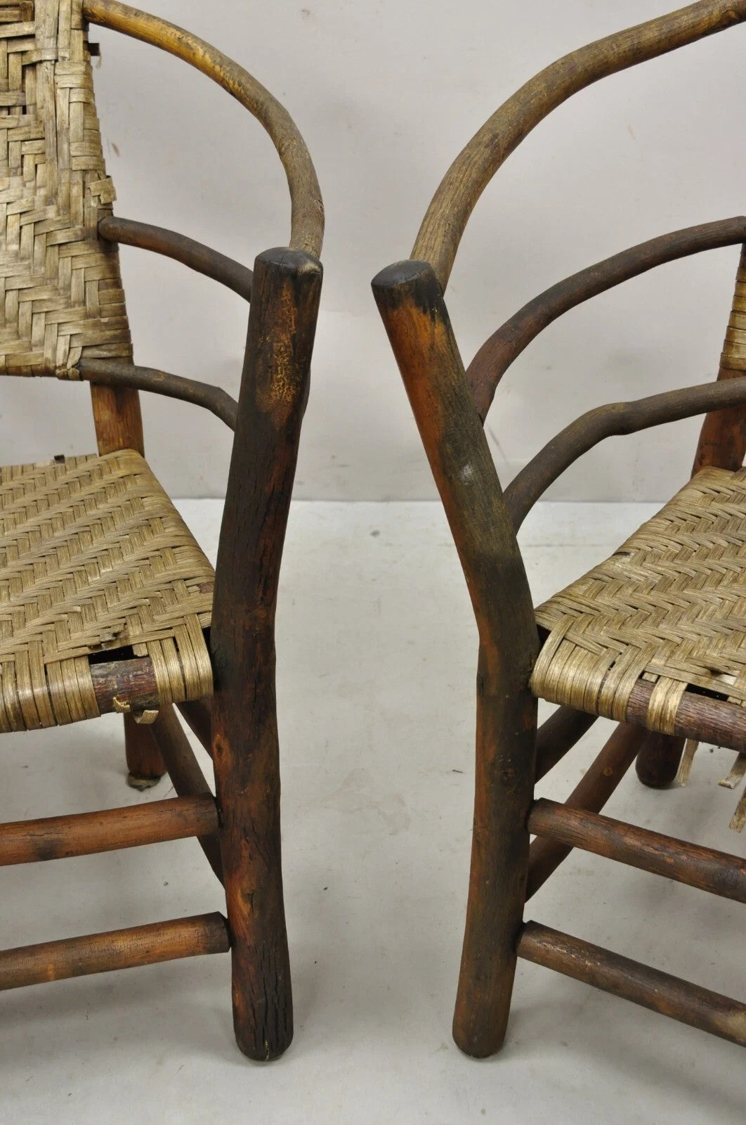 Adirondack Old Hickory Style Tree Branch Wood Frame Rattan Lounge Chairs a Pair