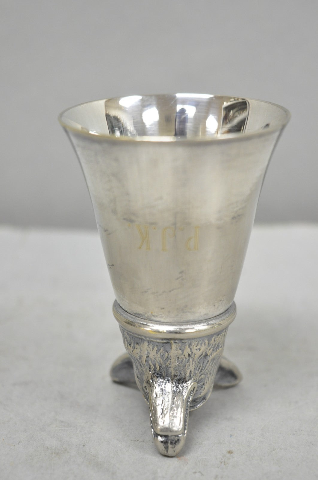Vintage Pewter Fox Head Silver Plated Stirrup Cup Hunting Equestrian Shot Glass