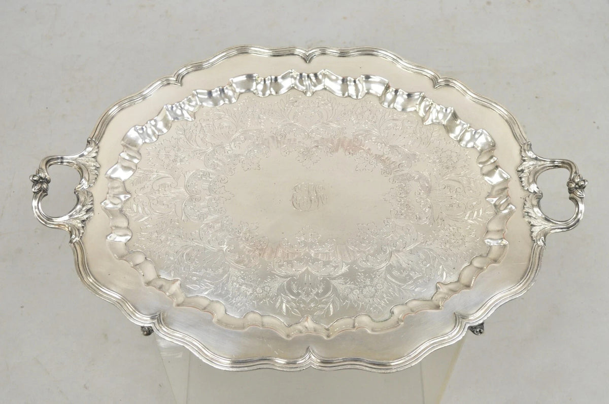 Vintage English Sheffield Victorian Silver Plated Oval Scalloped Platter Tray