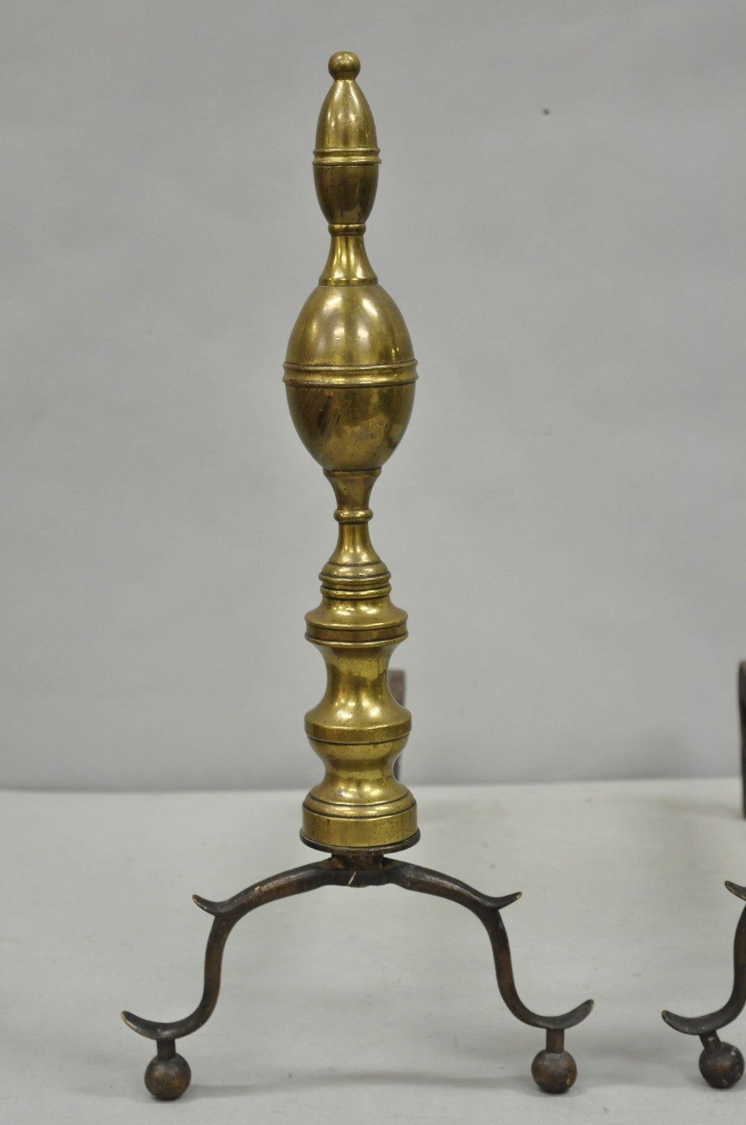 Antique English Federal Brass Branch Leg Cast Iron Fireplace Andirons - a Pair
